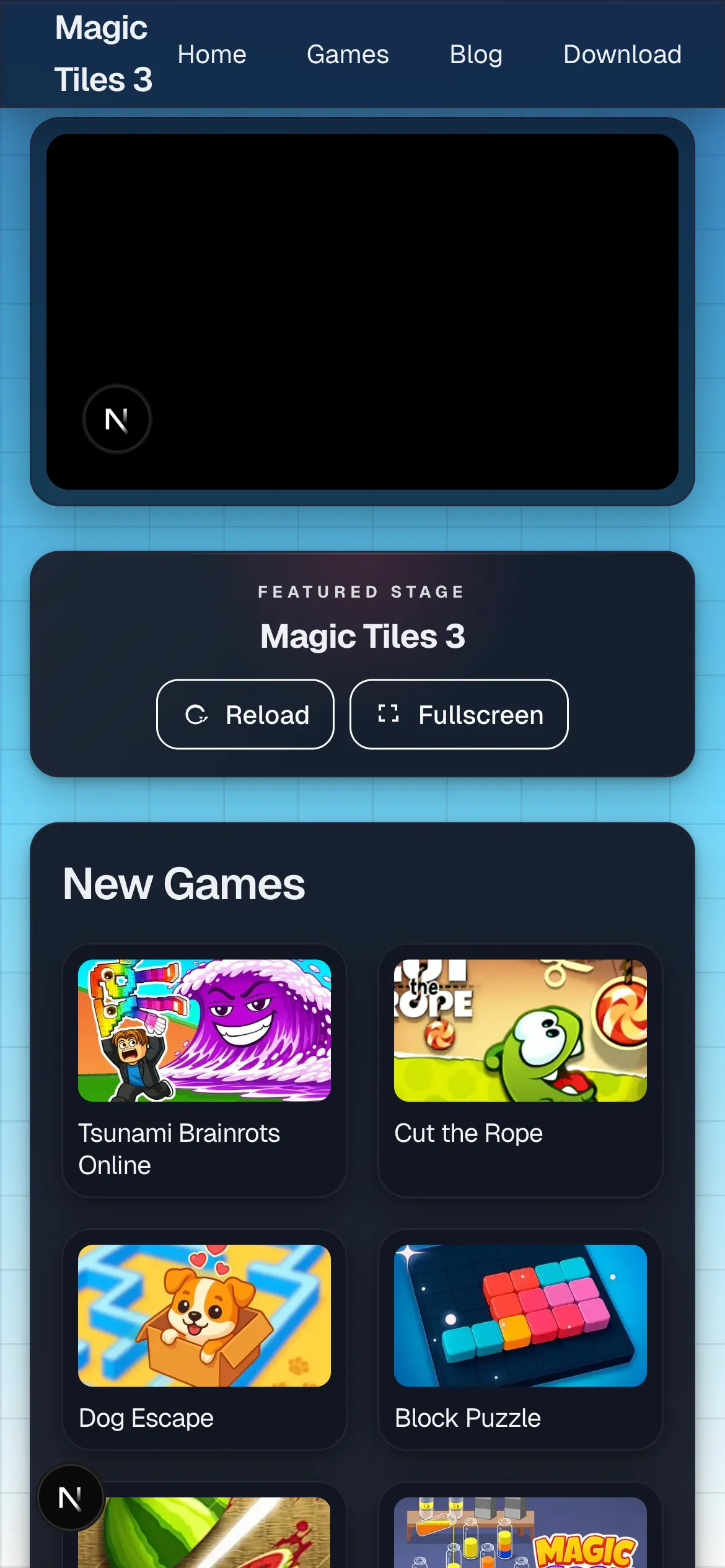 Mobile browser view of the Magic Tiles route with the player panel and featured stage section stacked vertically