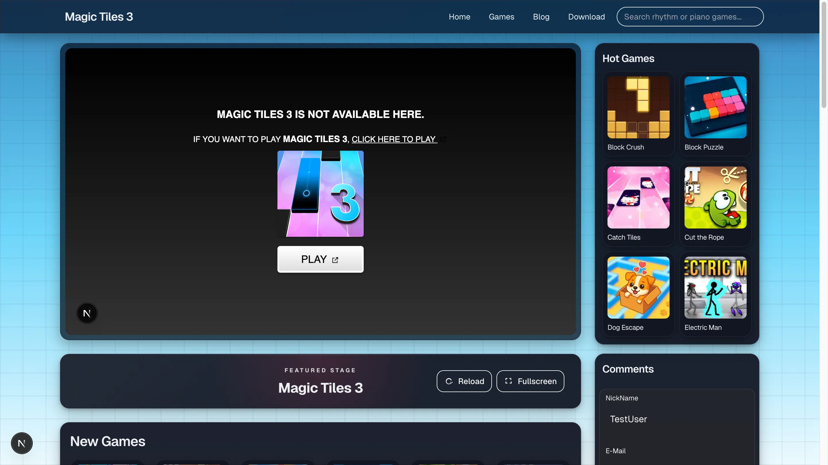 Magic Tiles detail page on desktop with the player shell and action buttons visible