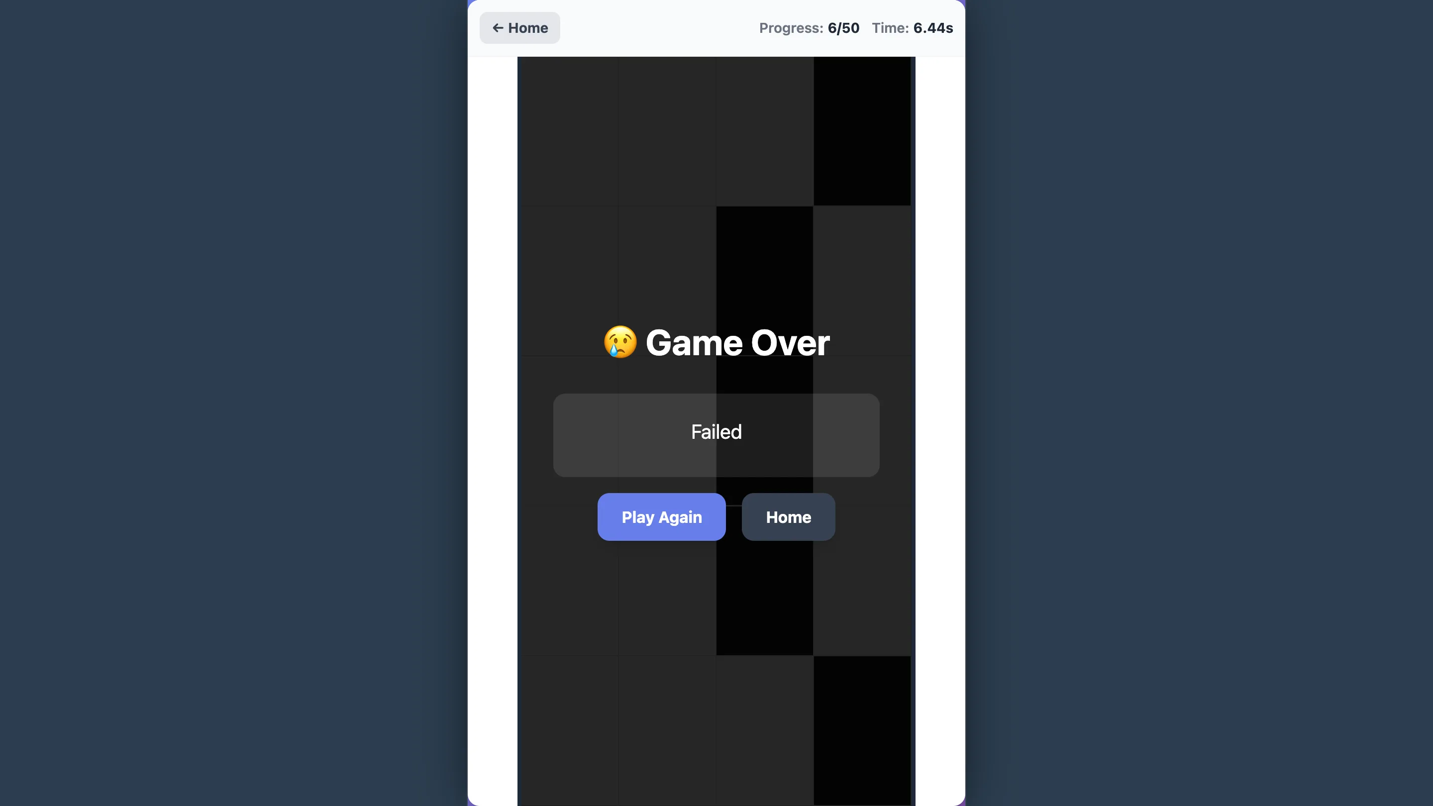 Classic four-lane game over screen after six successful taps and a 6.44 second run